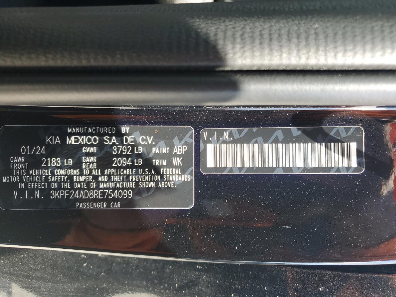 2024 KIA FORTE LX VIN:3KPF24AD8RE754099
