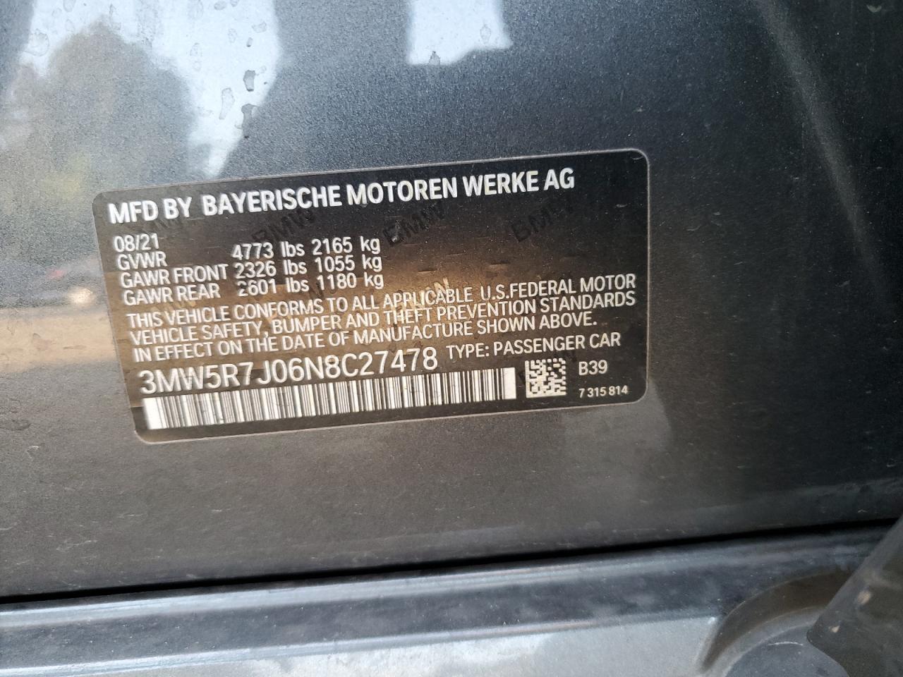 2022 BMW 330XI VIN:3MW5R7J06N8C27478