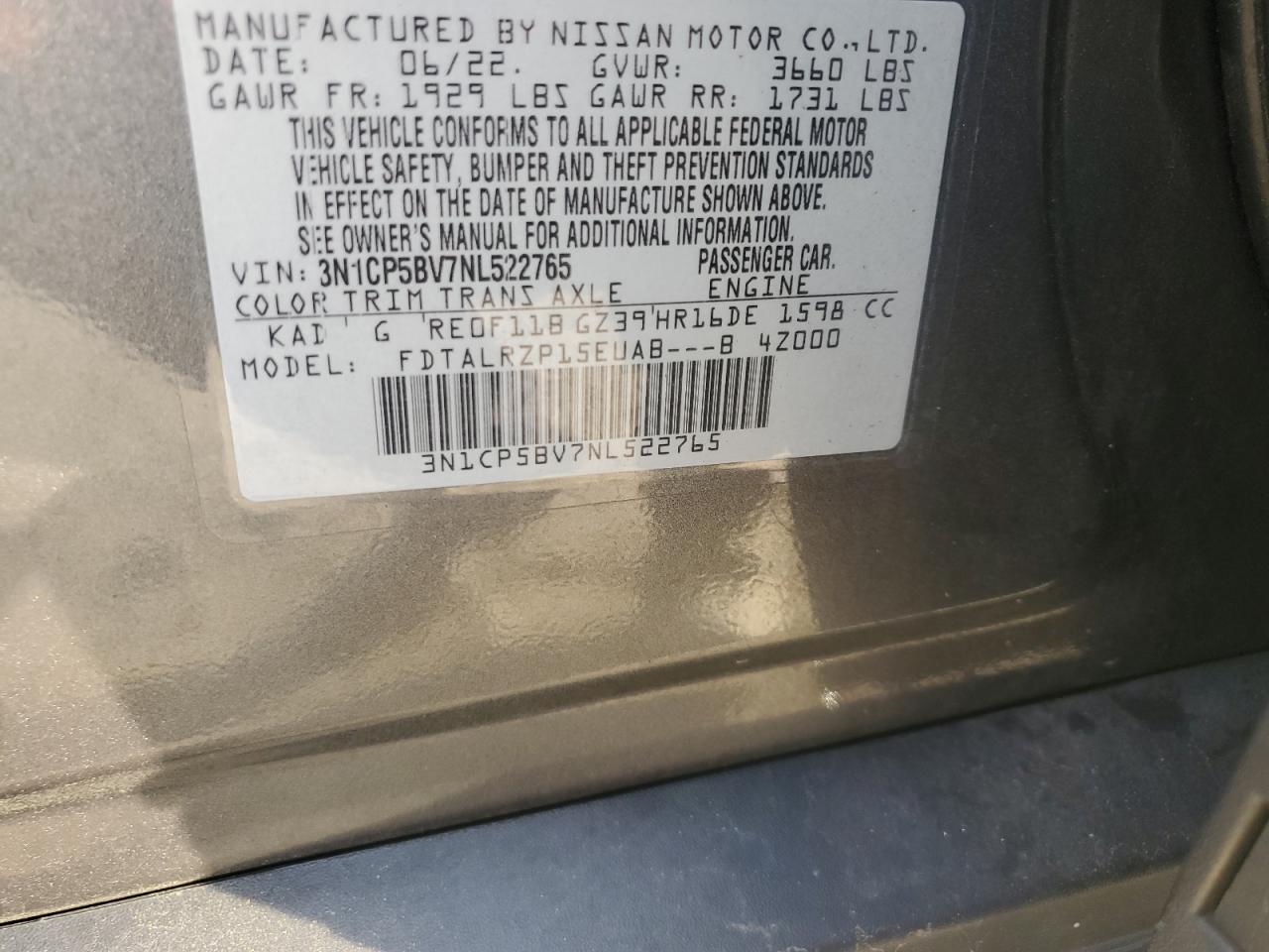 2022 NISSAN KICKS S VIN:3N1CP5BV7NL522765