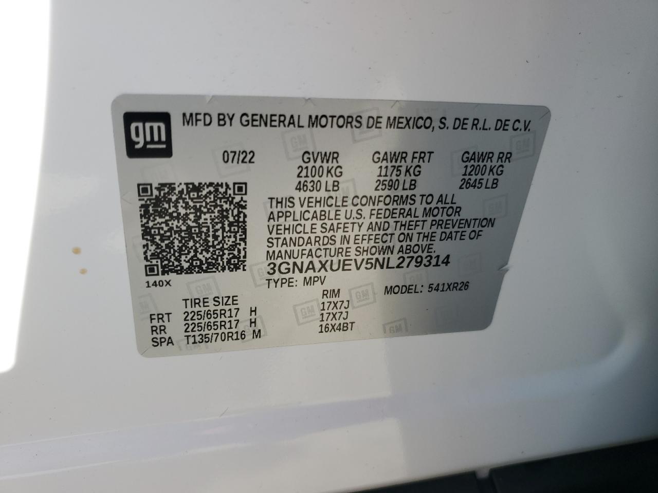 2022 CHEVROLET EQUINOX LT VIN:3GNAXUEV5NL279314