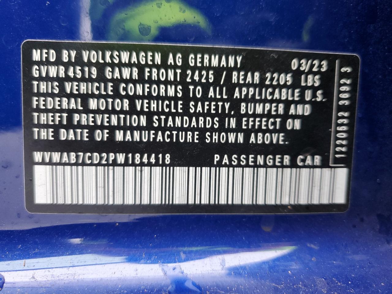 2023 VOLKSWAGEN GOLF R 20TH ANNIVERSARY VIN:WVWAB7CD2PW184418