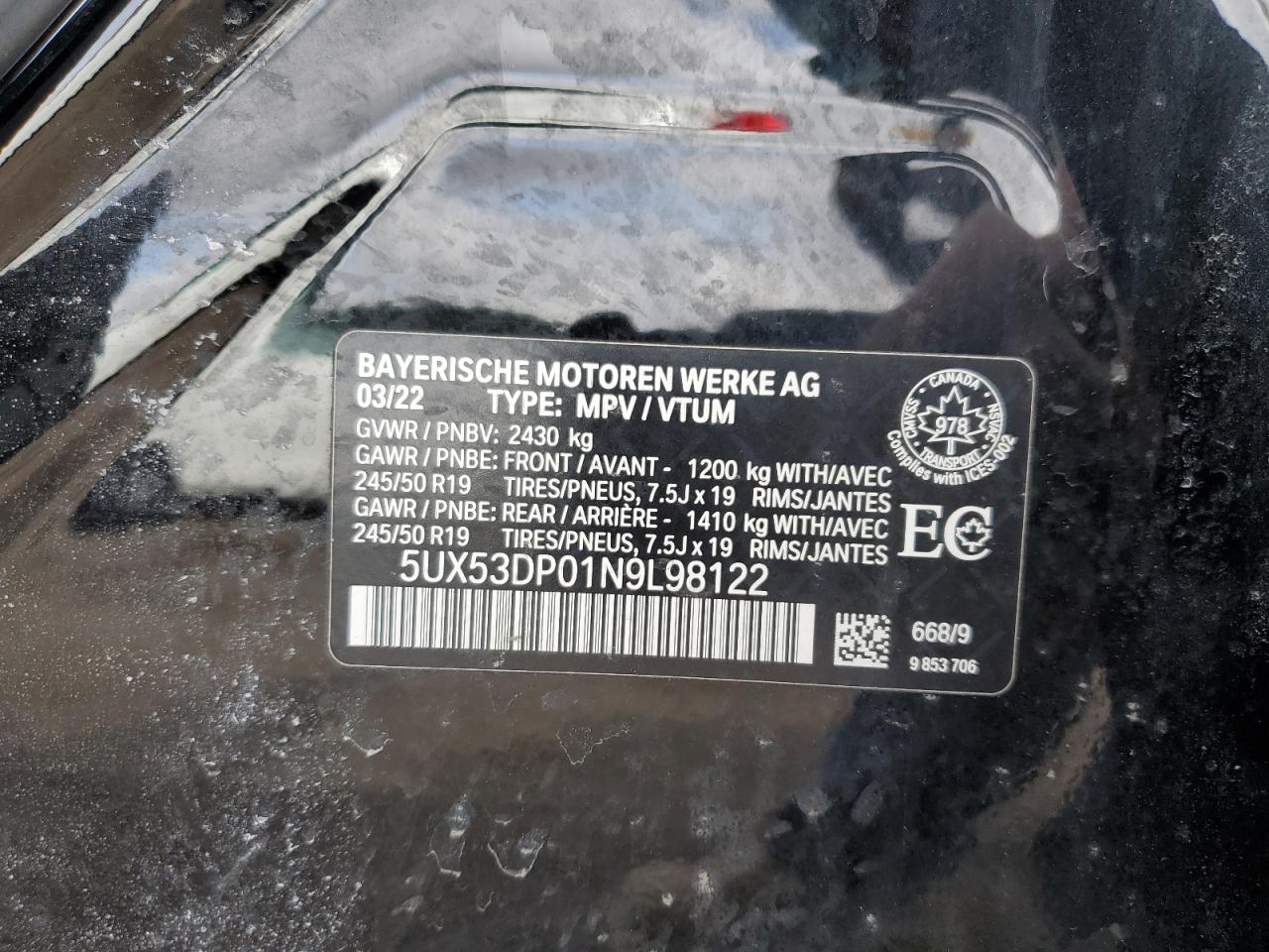 2022 BMW X3 XDRIVE30I VIN:5UX53DP01N9L98122