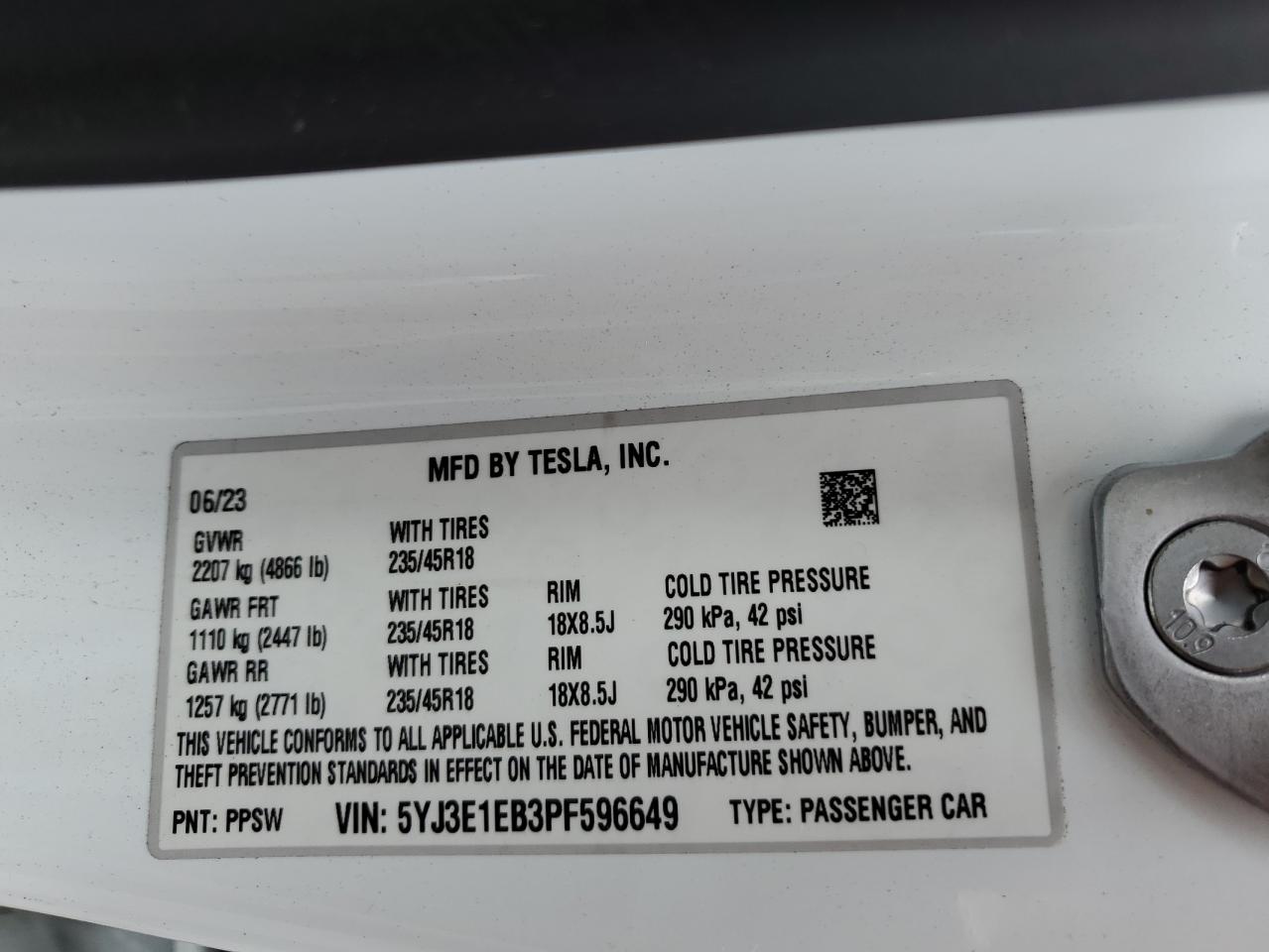 2023 TESLA MODEL 3 VIN:5YJ3E1EB3PF596649