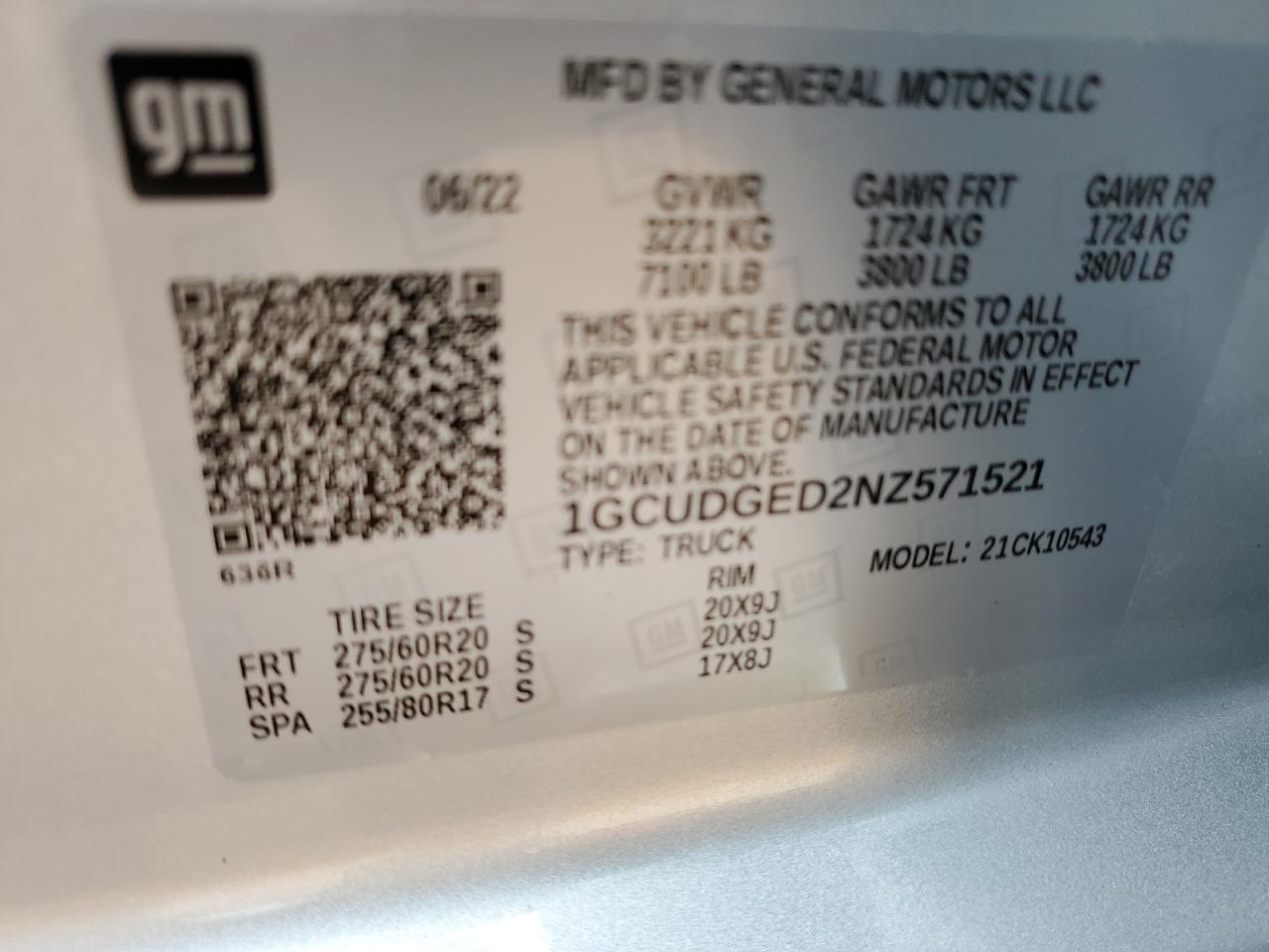 2022 CHEVROLET SILVERADO K1500 LTZ VIN:1GCUDGED2NZ571521