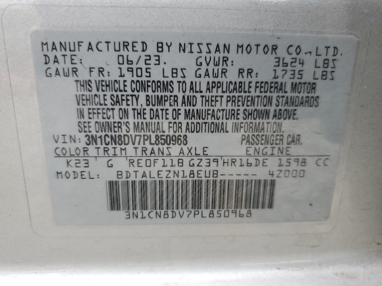 2023 NISSAN VERSA S VIN:3N1CN8DV7PL850968