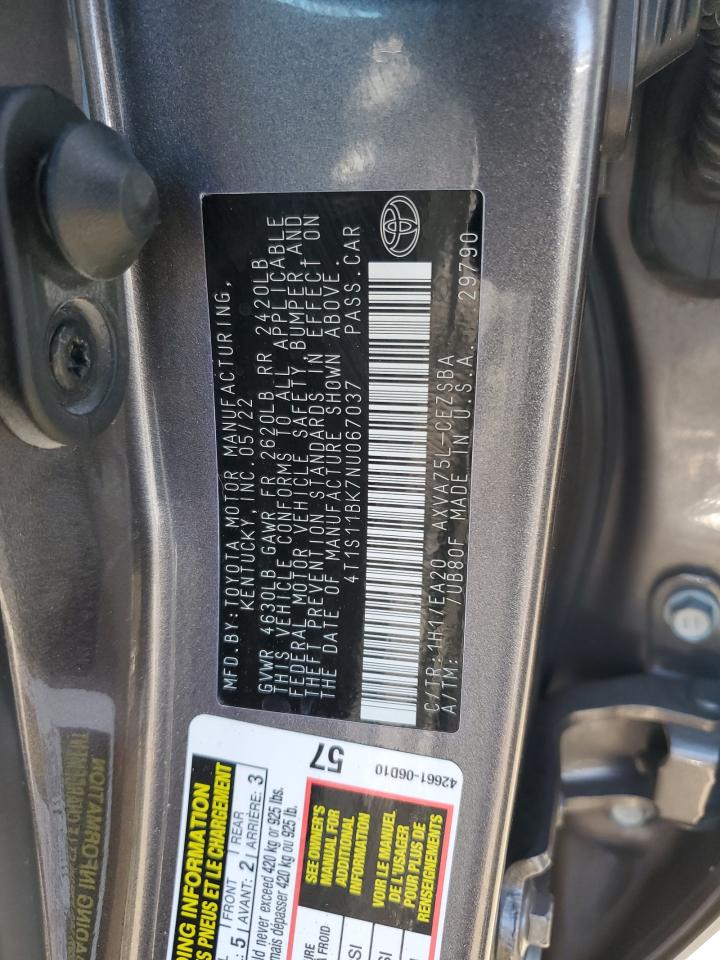 2022 TOYOTA CAMRY SE VIN:4T1S11BK7NU067037