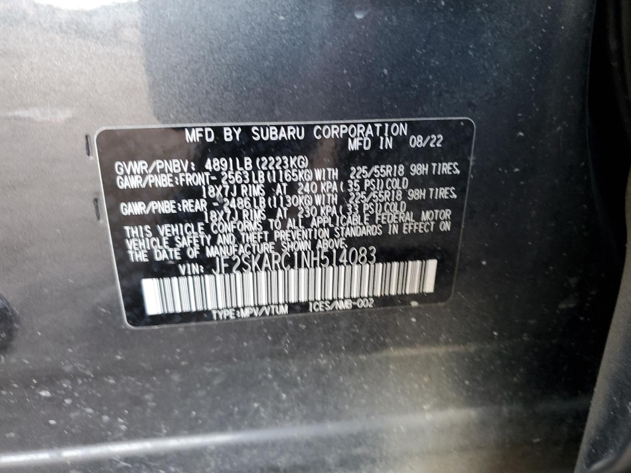 2022 SUBARU FORESTER TOURING VIN:JF2SKARC1NH514083