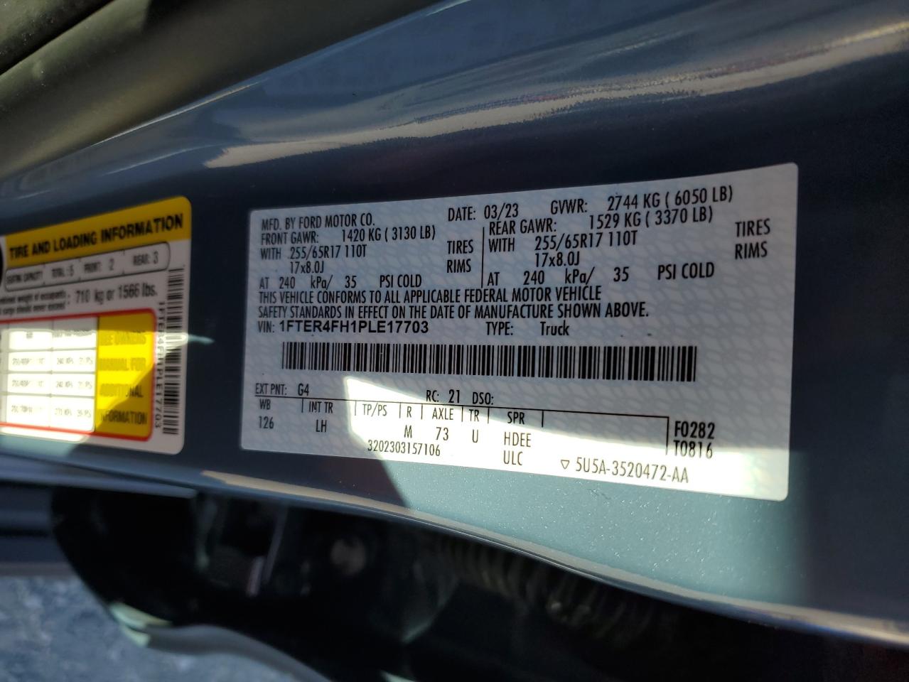 2023 FORD RANGER XL VIN:1FTER4FH1PLE17703
