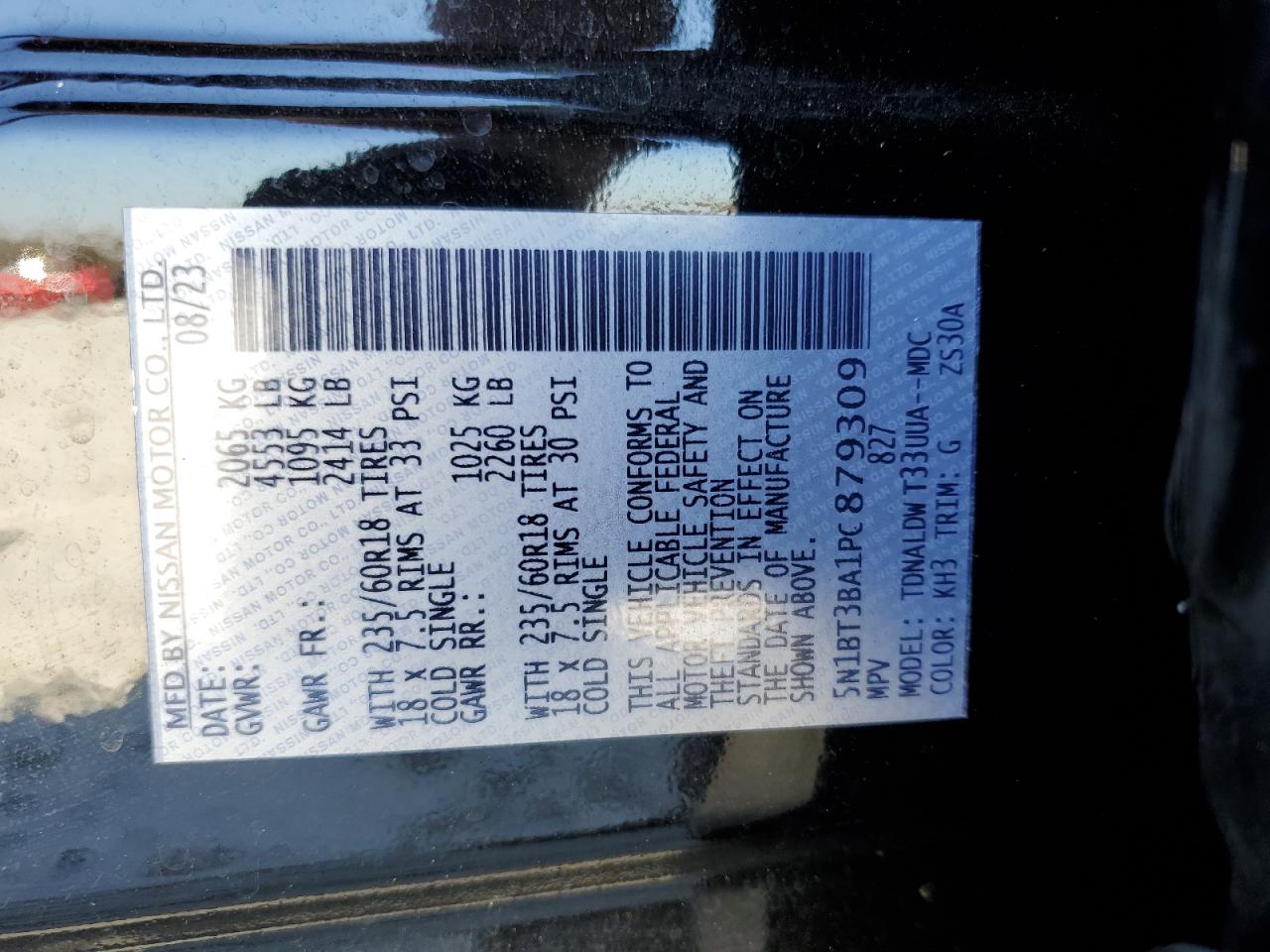 2023 NISSAN ROGUE SV VIN:5N1BT3BA1PC879309