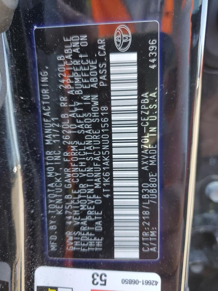 2022 TOYOTA CAMRY XSE VIN:4T1K61AK5NU015618