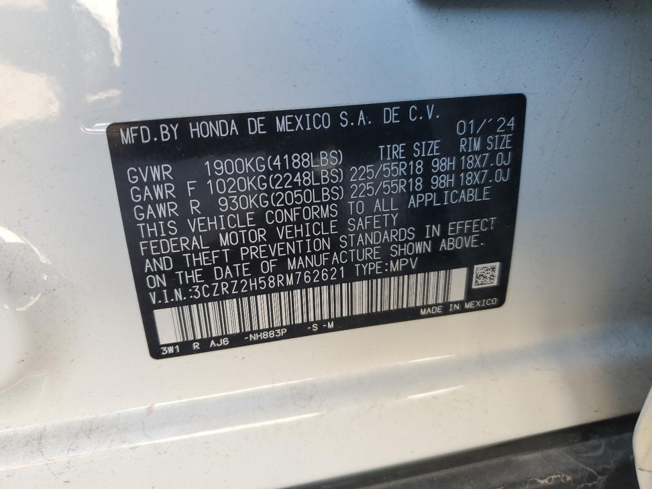 2024 HONDA HR-V SPORT VIN:3CZRZ2H58RM762621