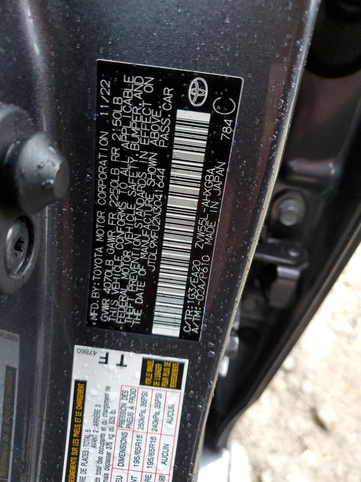 2022 TOYOTA PRIUS LE VIN:JTDL9MFU2N3041644