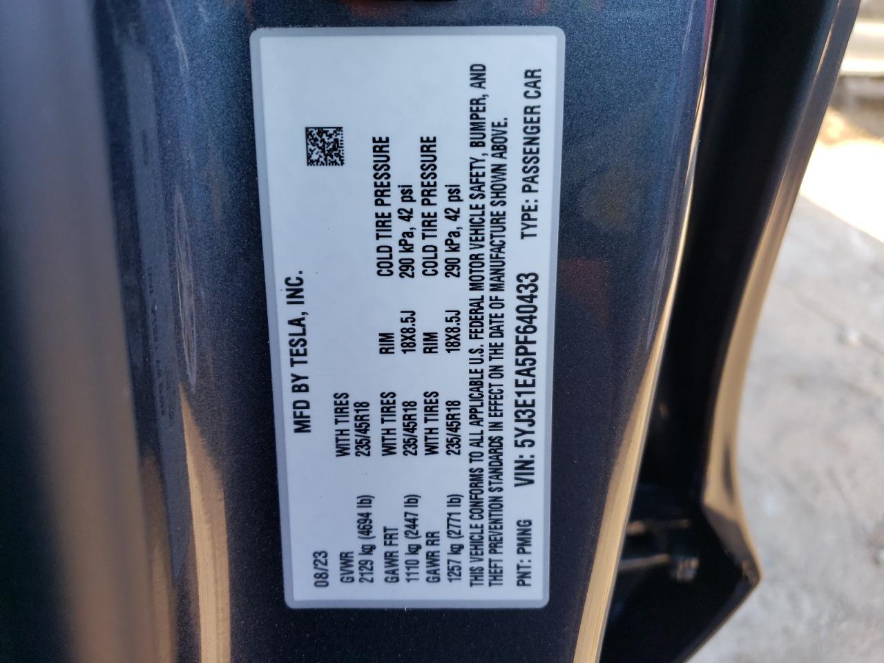 2023 TESLA MODEL 3 VIN:5YJ3E1EA5PF640433