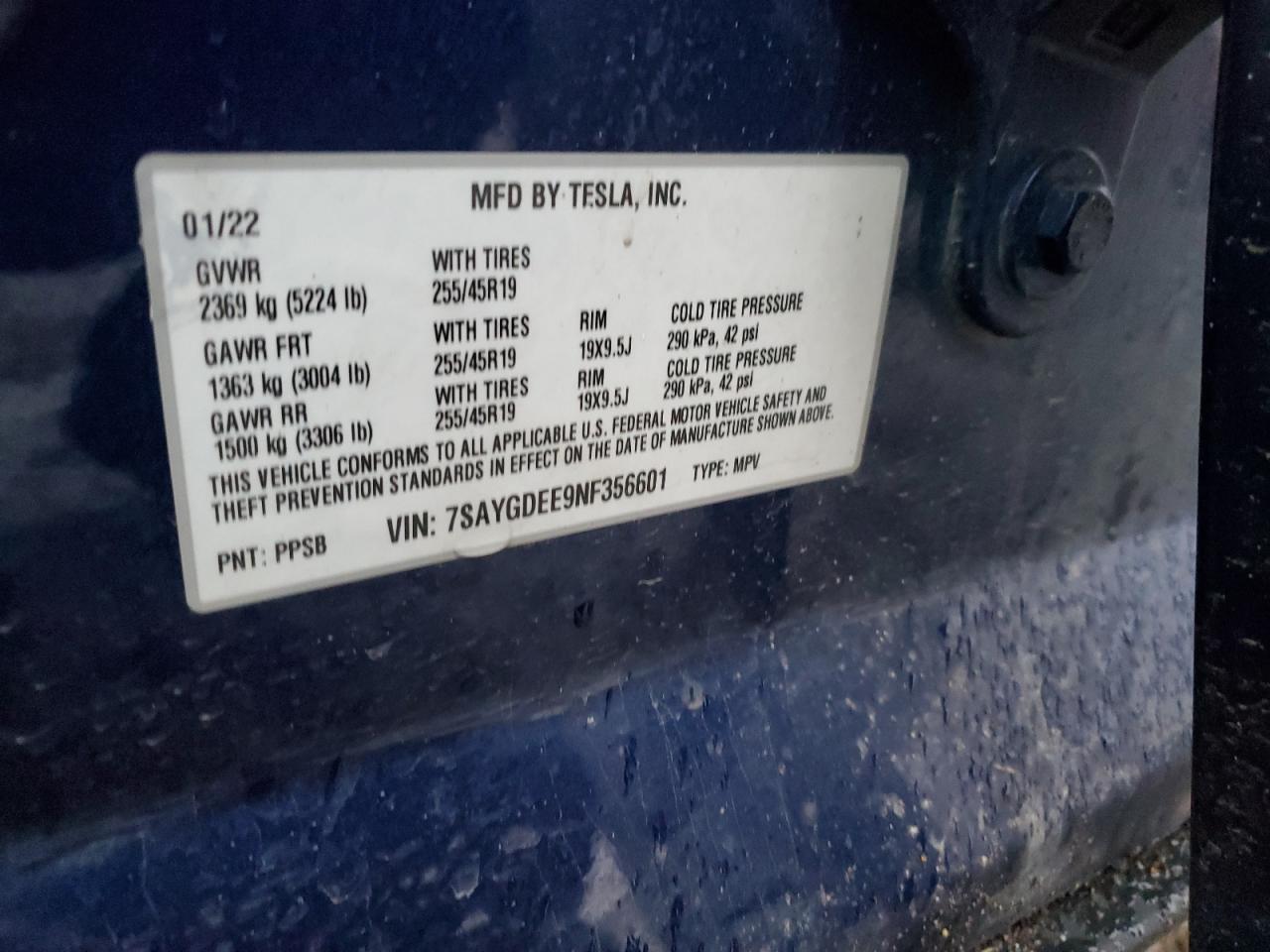 2022 TESLA MODEL Y VIN:7SAYGDEE9NF356601