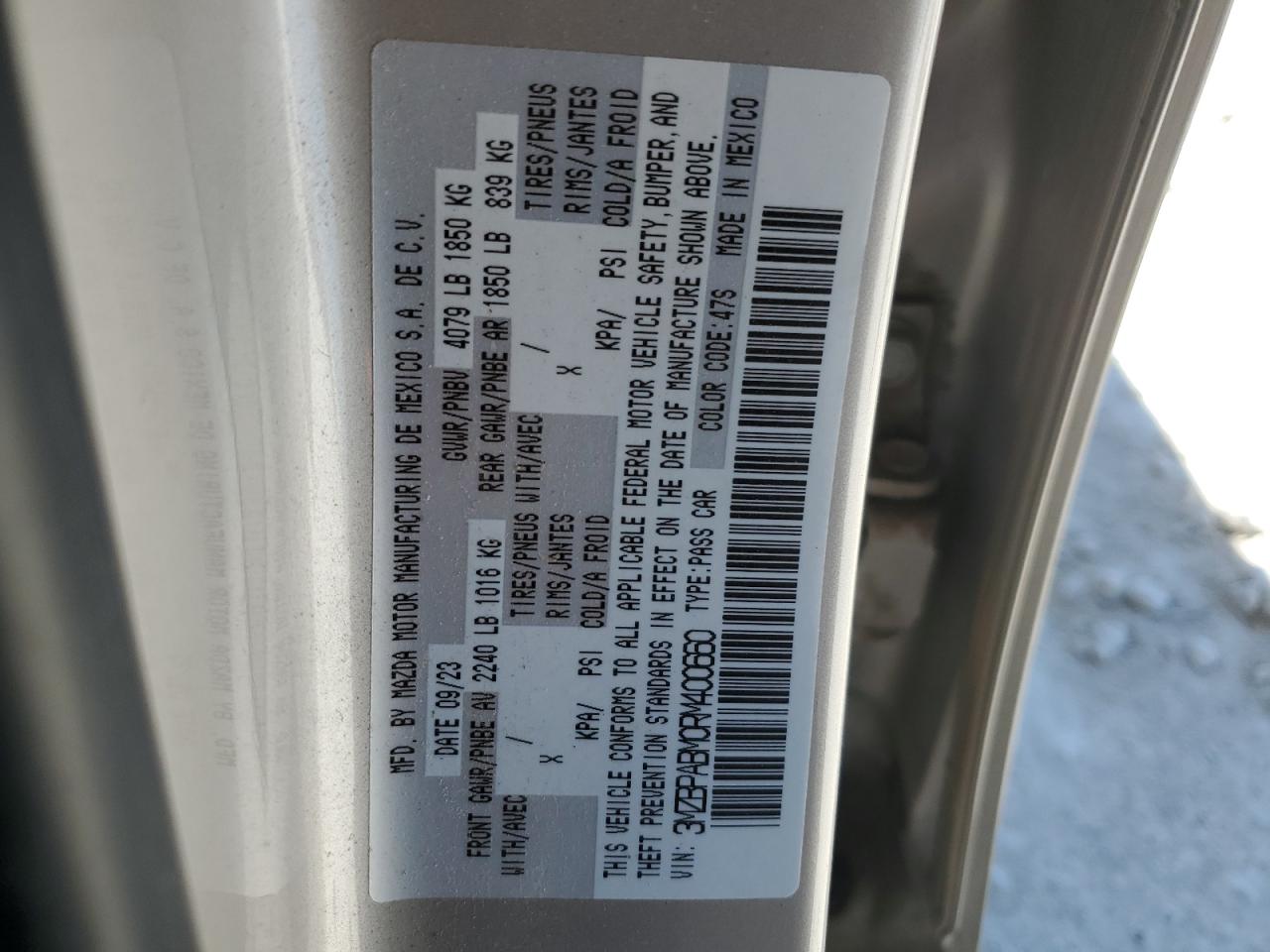 2024 MAZDA 3 SELECT SPORT VIN:3MZBPABM0RM400660