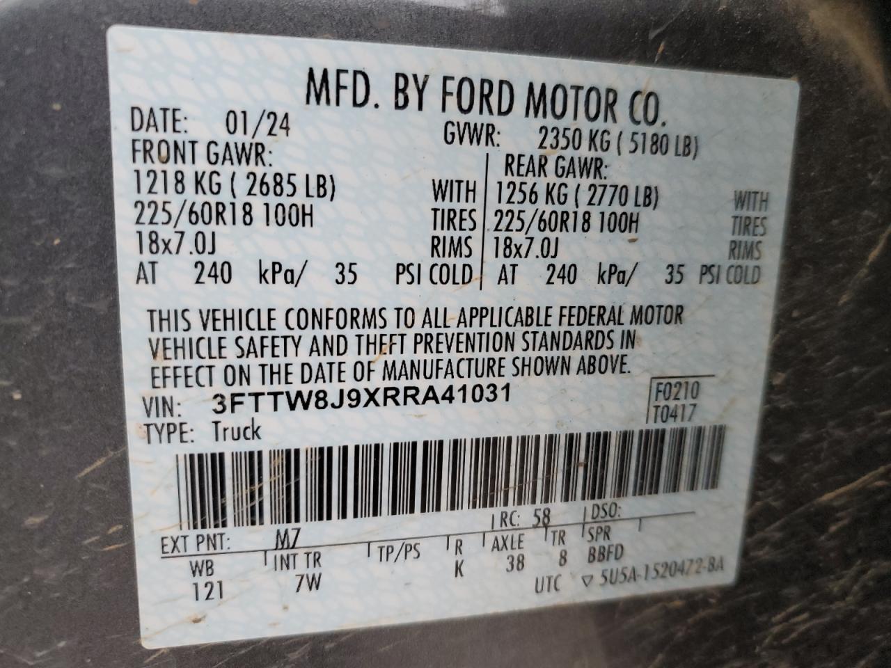 2024 FORD MAVERICK XLT VIN:3FTTW8J9XRRA41031