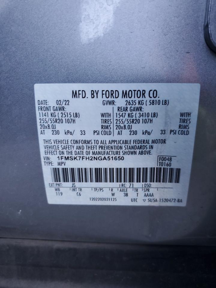 2022 FORD EXPLORER LIMITED VIN:1FMSK7FH2NGA51650