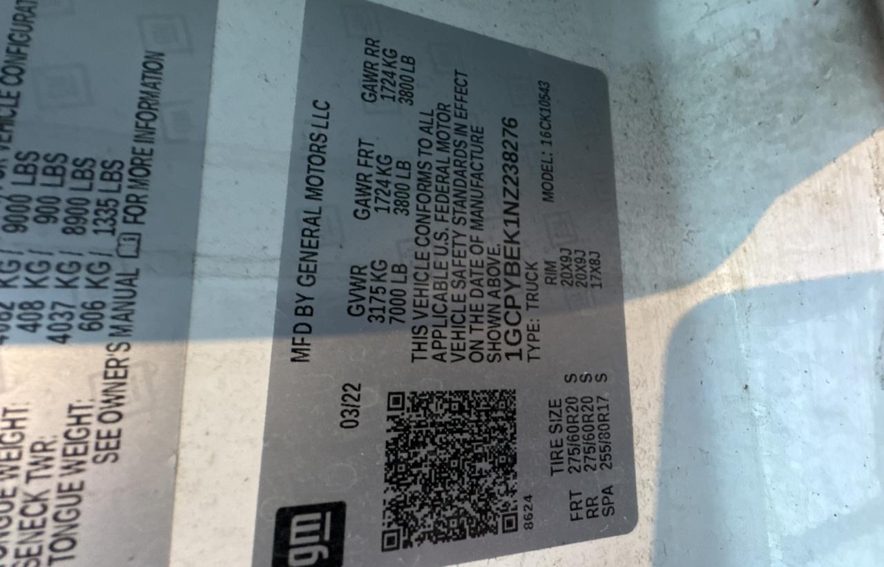 2022 CHEVROLET SILVERADO LTD K1500 CUSTOM VIN:1GCPYBEK1NZ238276