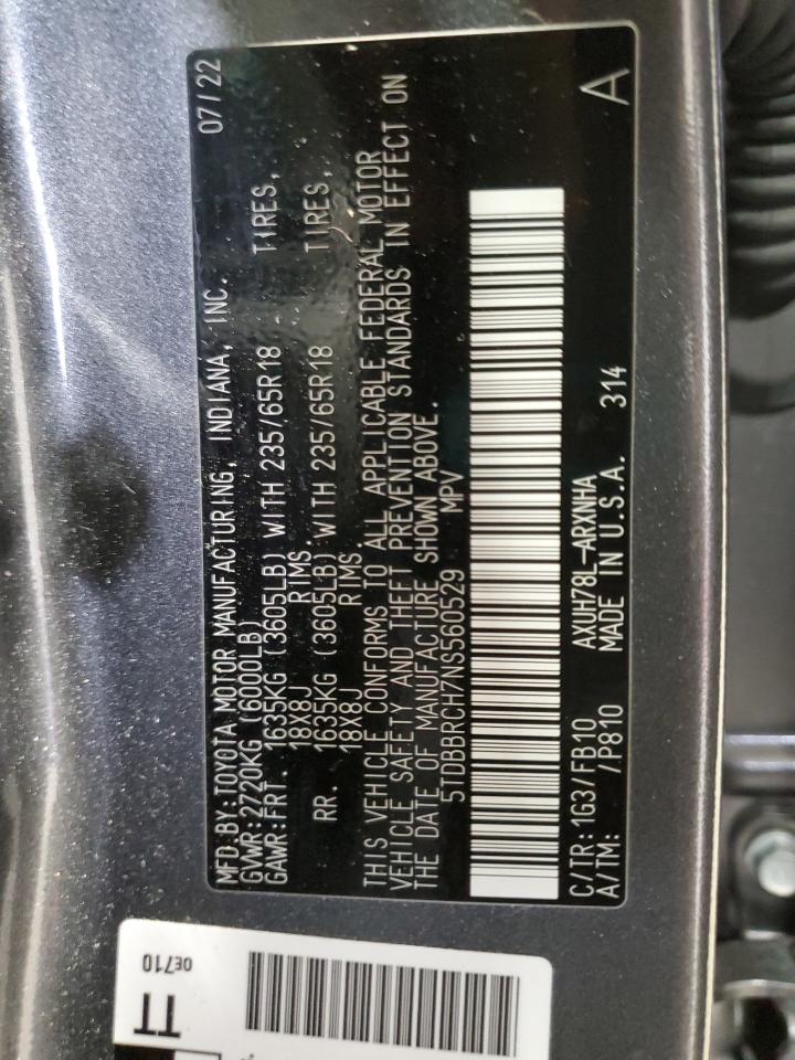 2022 TOYOTA HIGHLANDER HYBRID LE VIN:5TDBBRCH7NS560529
