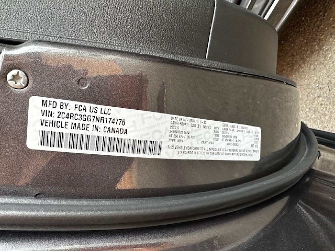2022 CHRYSLER PACIFICA LIMITED VIN:2C4RC3GG7NR174776
