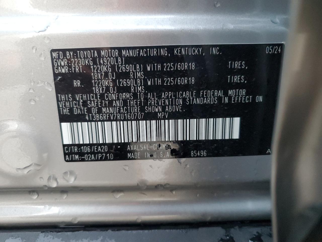 2024 TOYOTA RAV4 XLE PREMIUM VIN:4T3B6RFV7RU160707