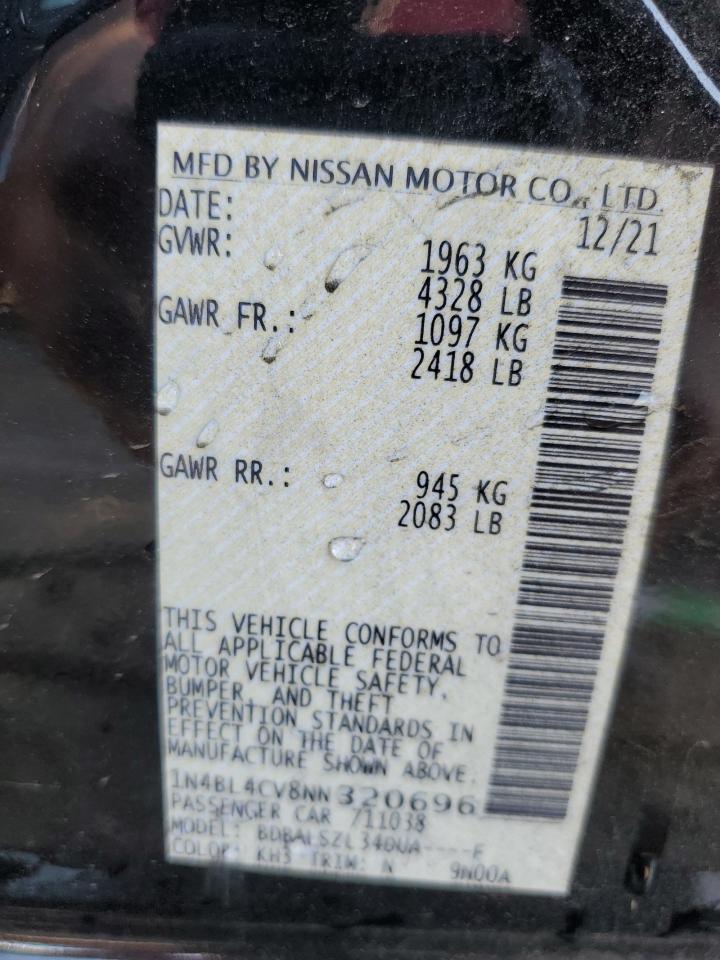 2022 NISSAN ALTIMA SR VIN:1N4BL4CV8NN320696