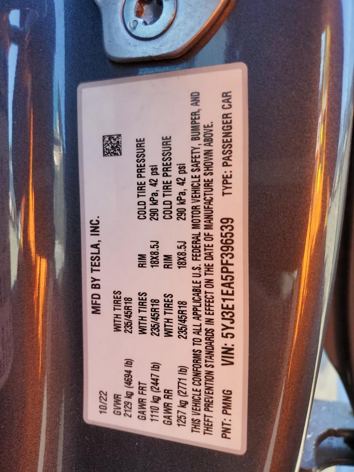 2023 TESLA MODEL 3 VIN:5YJ3E1EA5PF396539