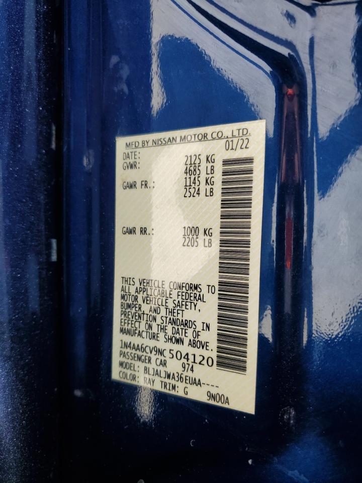 2022 NISSAN MAXIMA SV VIN:1N4AA6CV9NC504120