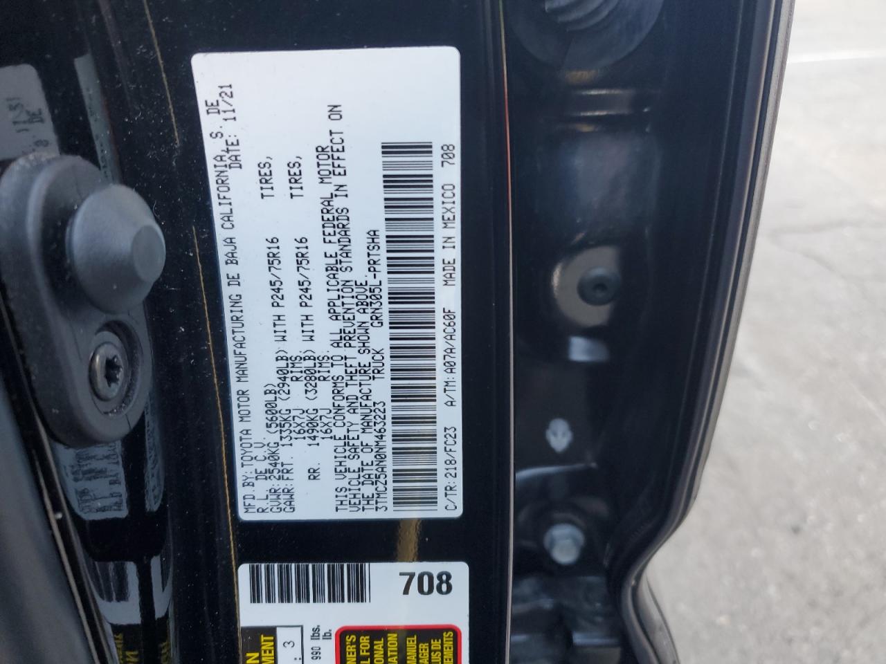 2022 TOYOTA TACOMA DOUBLE CAB VIN:3TMCZ5AN0NM463223