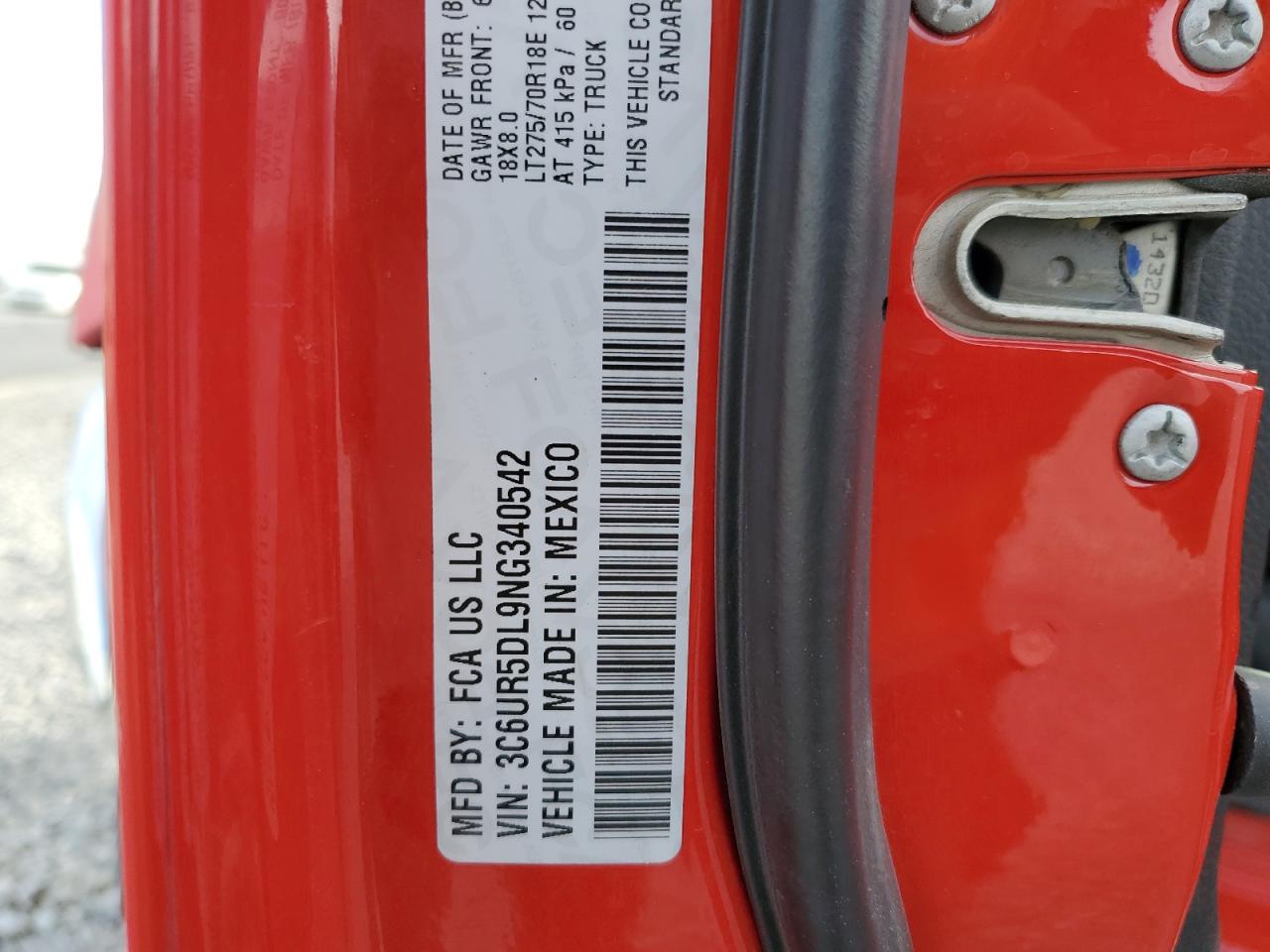 2022 RAM 2500 BIG HORN/LONE STAR VIN:3C6UR5DL9NG340542