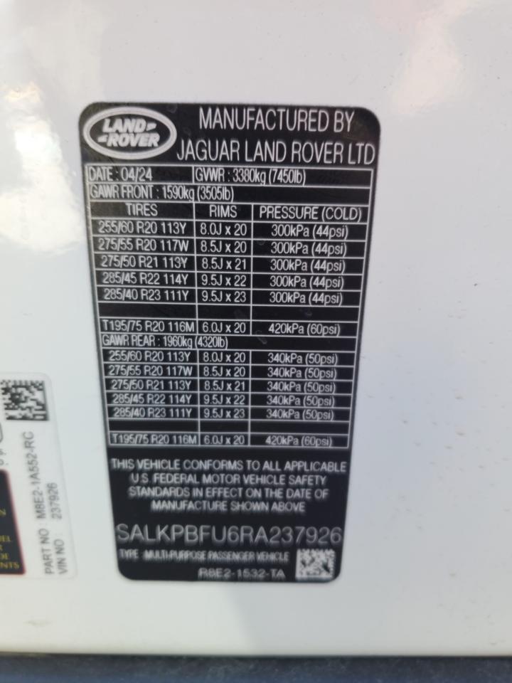 2024 LAND ROVER RANGE ROVER SE VIN:SALKPBFU6RA237926