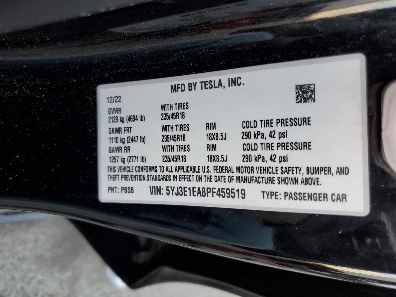 2023 TESLA MODEL 3 VIN:5YJ3E1EA8PF459519