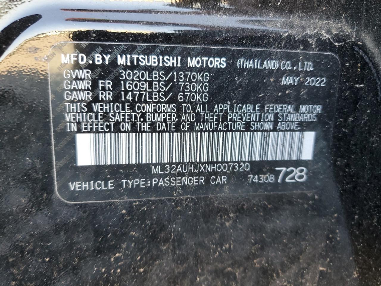 2022 MITSUBISHI MIRAGE ES VIN:ML32AUHJXNH007320
