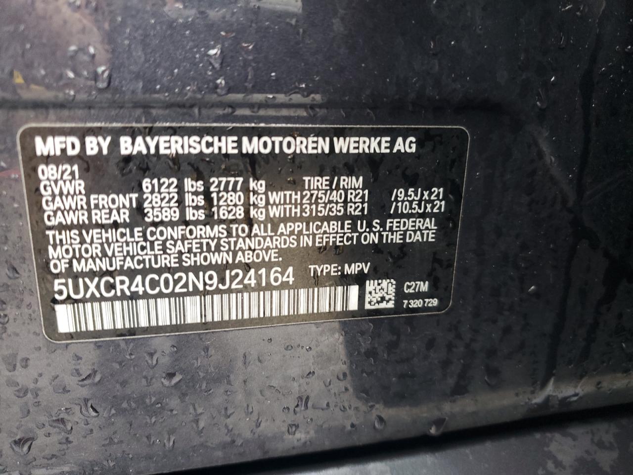 2022 BMW X5 SDRIVE 40I VIN:5UXCR4C02N9J24164