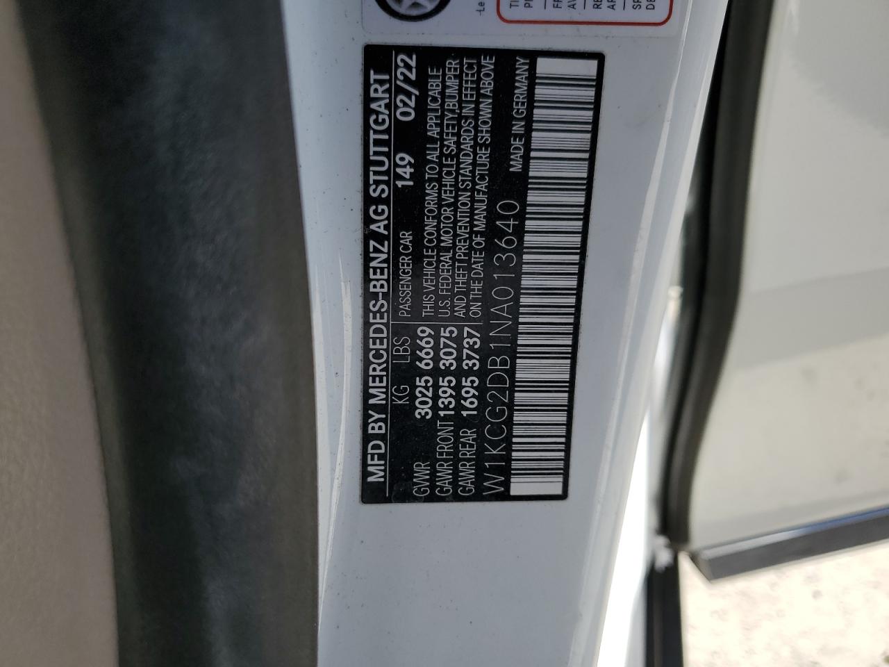 2022 MERCEDES-BENZ EQS SEDAN 450+ VIN:W1KCG2DB1NA013640