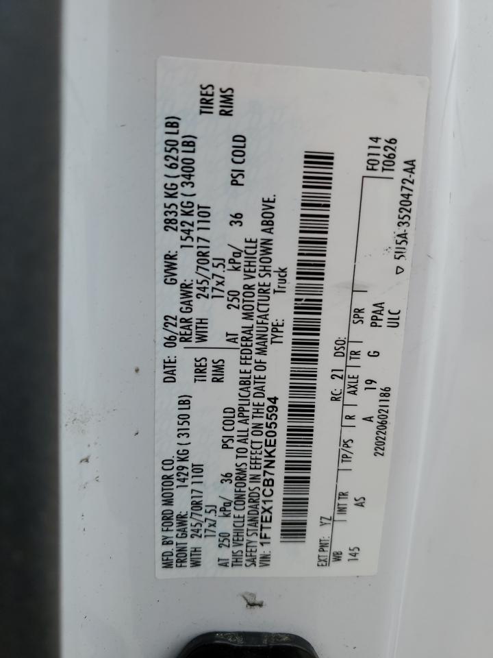 2022 FORD F150 SUPER CAB VIN:1FTEX1CB7NKE05594