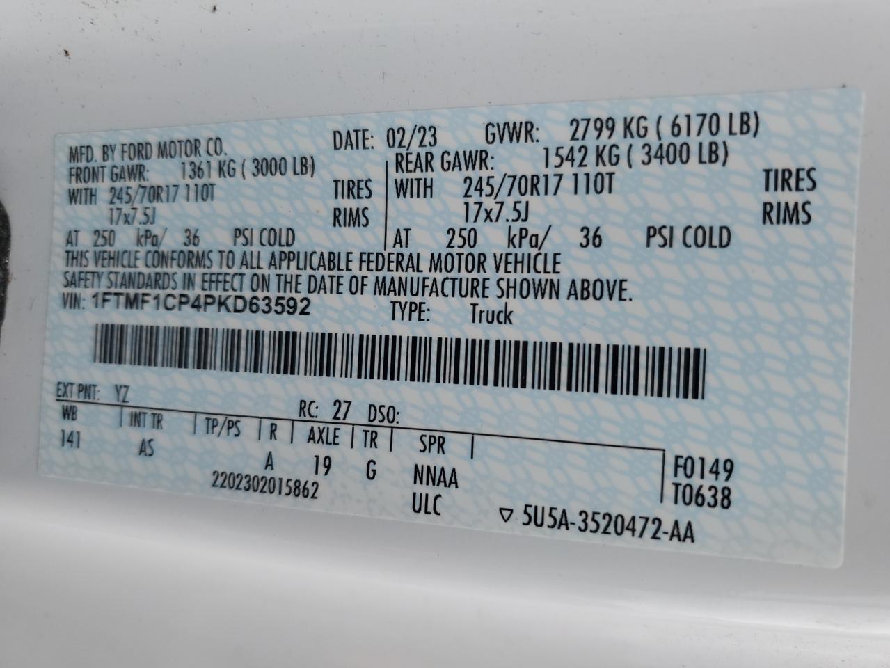 2023 FORD F150 VIN:1FTMF1CP4PKD63592