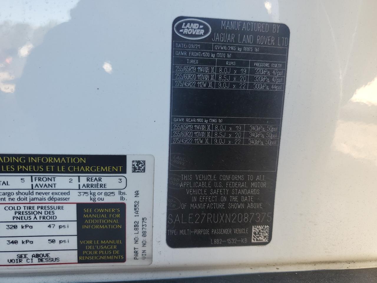 2022 LAND ROVER DEFENDER 110 X-DYNAMIC SE VIN:SALE27RUXN2087375