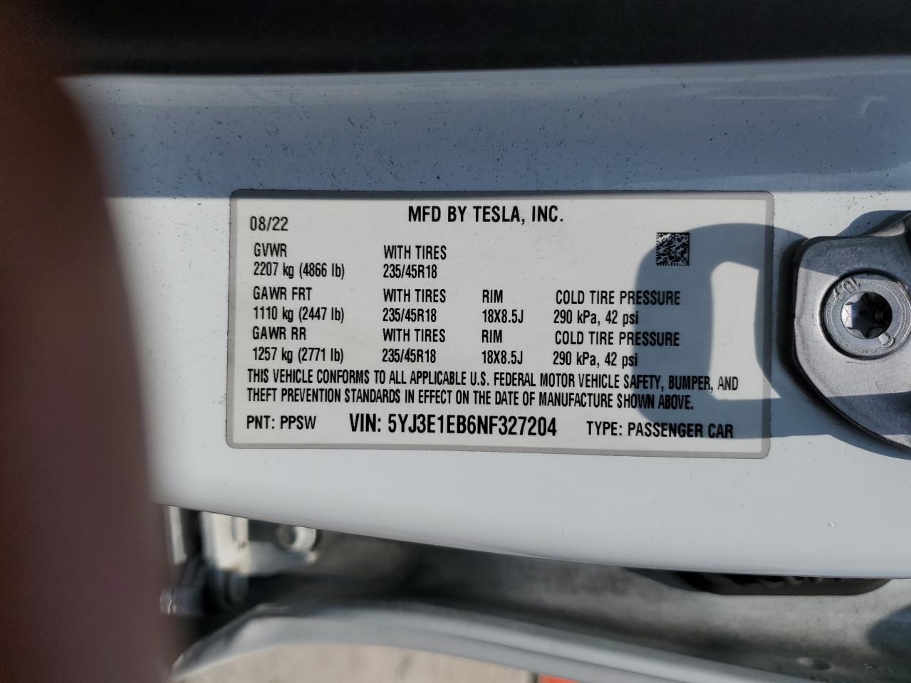2022 TESLA MODEL 3 VIN:5YJ3E1EB6NF327204