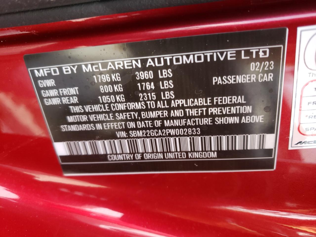 2023 MCLAREN AUTOMOTIVE GT VIN:SBM22GCA2PW002833