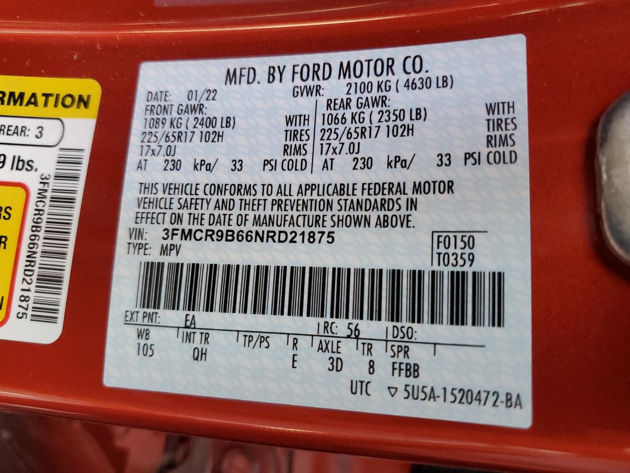 2022 FORD BRONCO SPORT BIG BEND VIN:3FMCR9B66NRD21875