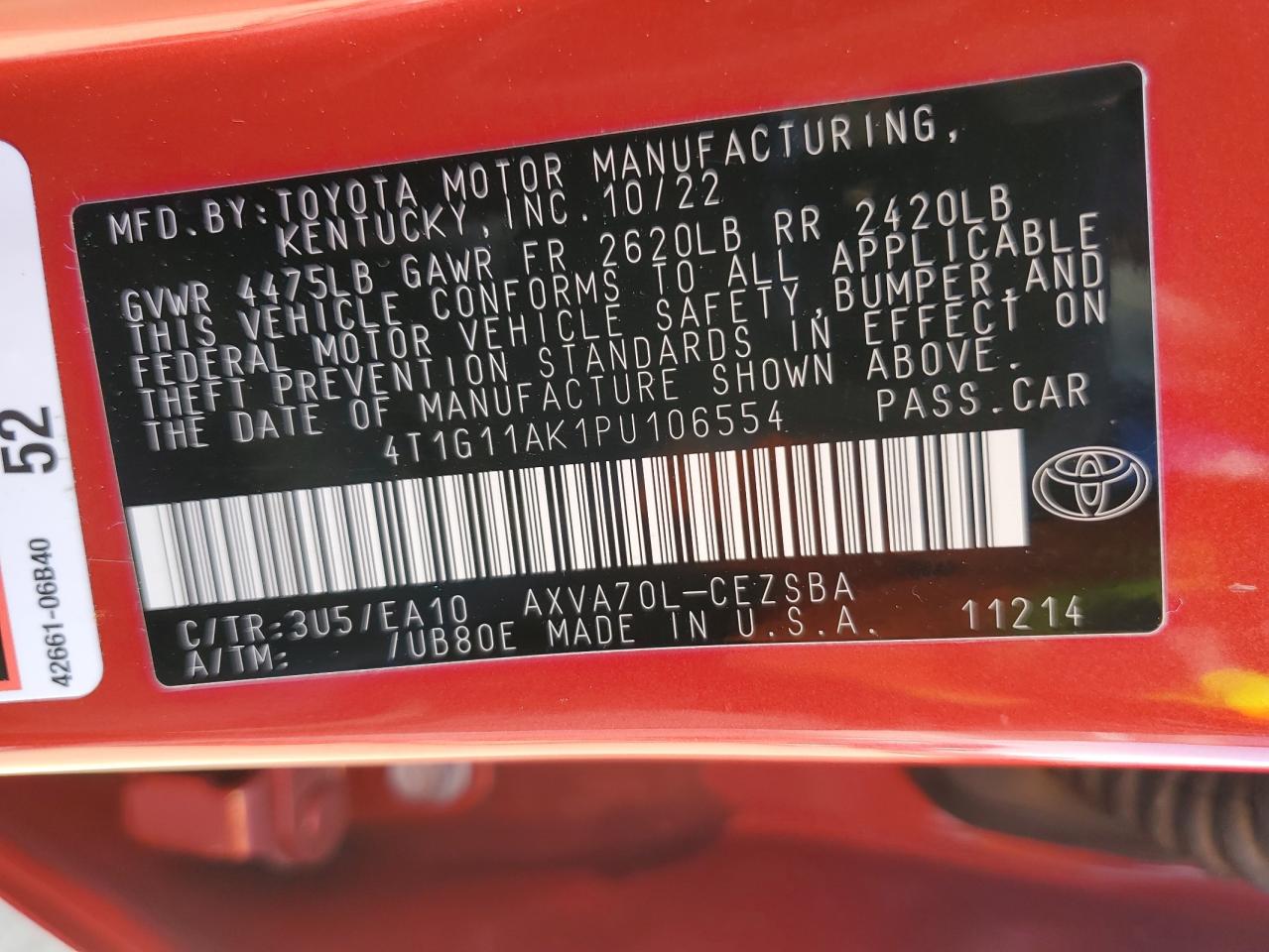 2023 TOYOTA CAMRY SE NIGHT SHADE VIN:4T1G11AK1PU106554