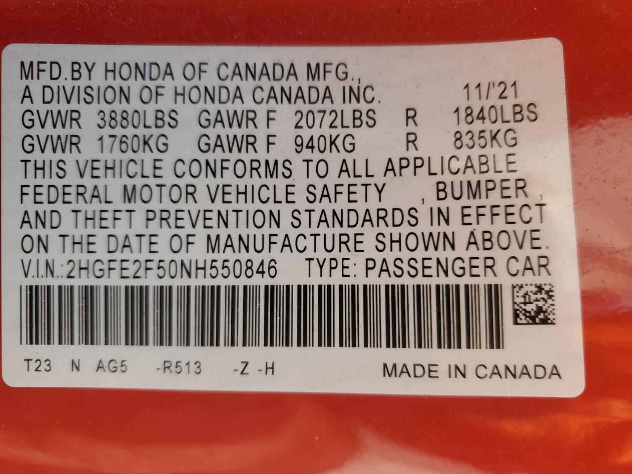 2022 HONDA CIVIC SPORT VIN:2HGFE2F50NH550846