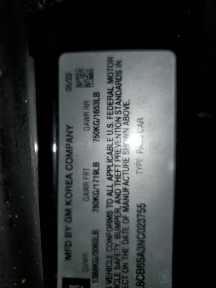 2022 CHEVROLET SPARK LS VIN:KL8CB6SA3NC023755