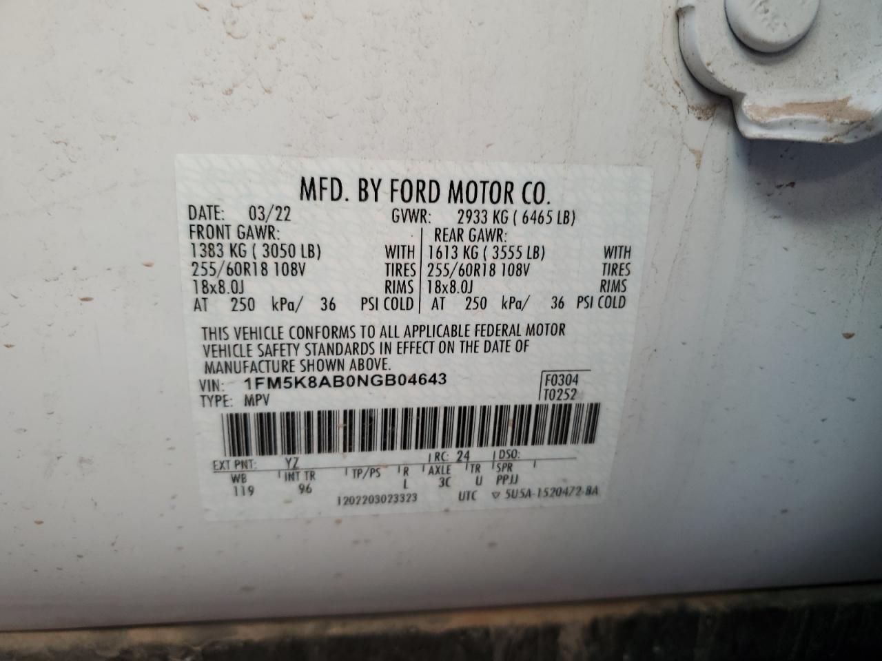 2022 FORD EXPLORER POLICE INTERCEPTOR VIN:1FM5K8AB0NGB04643