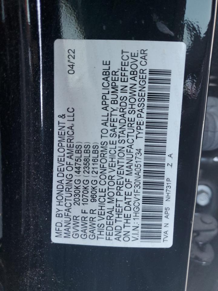 2022 HONDA ACCORD SPORT VIN:1HGCV1F30NA051734