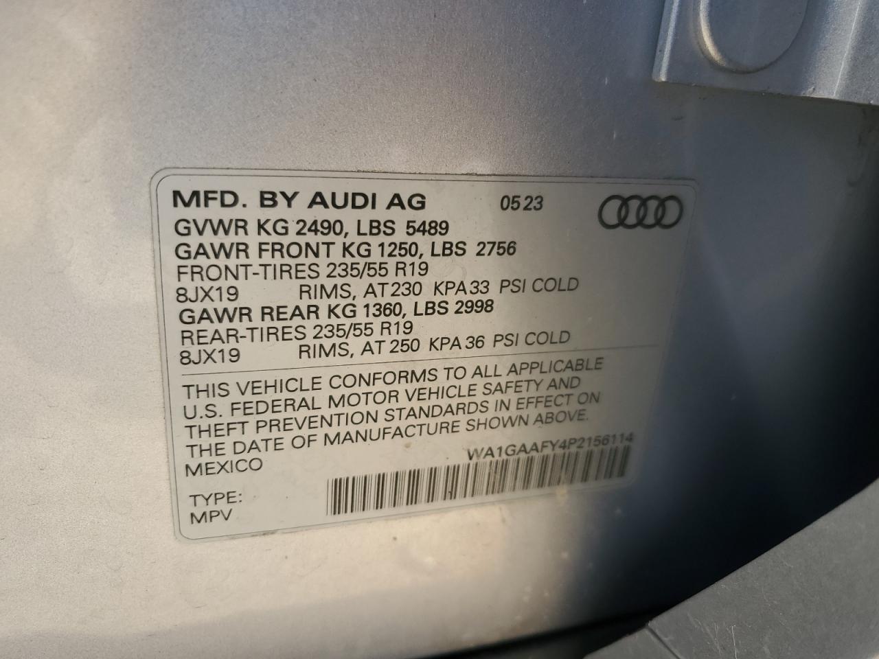 2023 AUDI Q5 PREMIUM 45 VIN:WA1GAAFY4P2156114