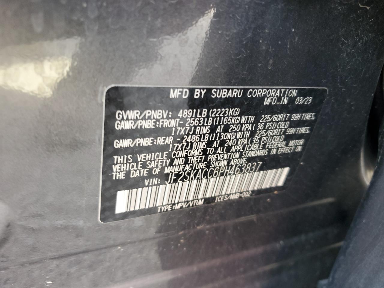 2023 SUBARU FORESTER VIN:JF2SKACC6PH463837