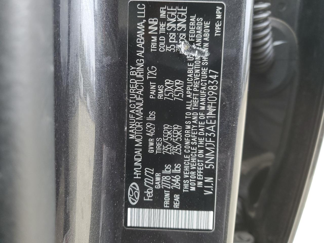 2022 HYUNDAI TUCSON SEL VIN:5NMJF3AE1NH098347