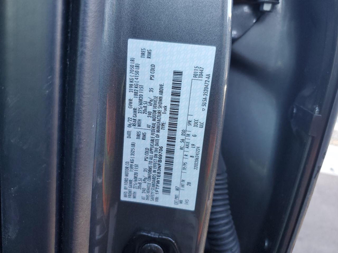 2022 FORD F150 SUPERCREW VIN:1FTFW1E83NFB69706